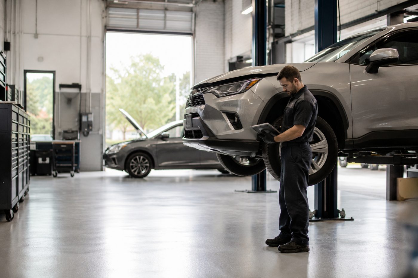 Technician reviewing diagnostic information in a repair bay